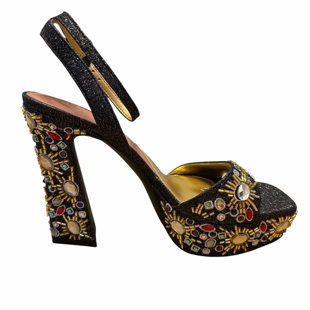 GB Rhinestone Embellished Platform Heels Black Statement Sandals Size 9 NWOB